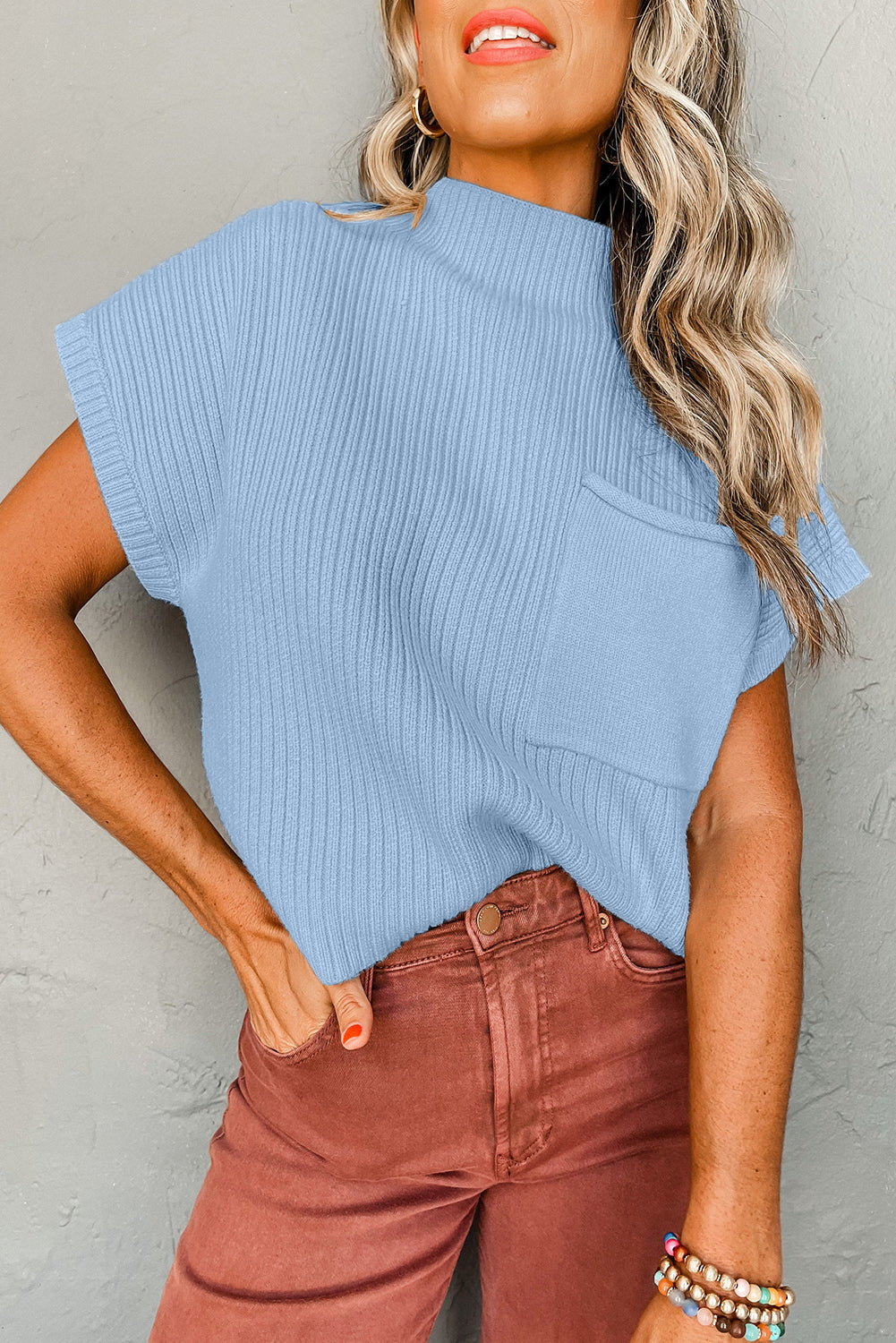 Ribbed Knit Short Sleeve Sweater