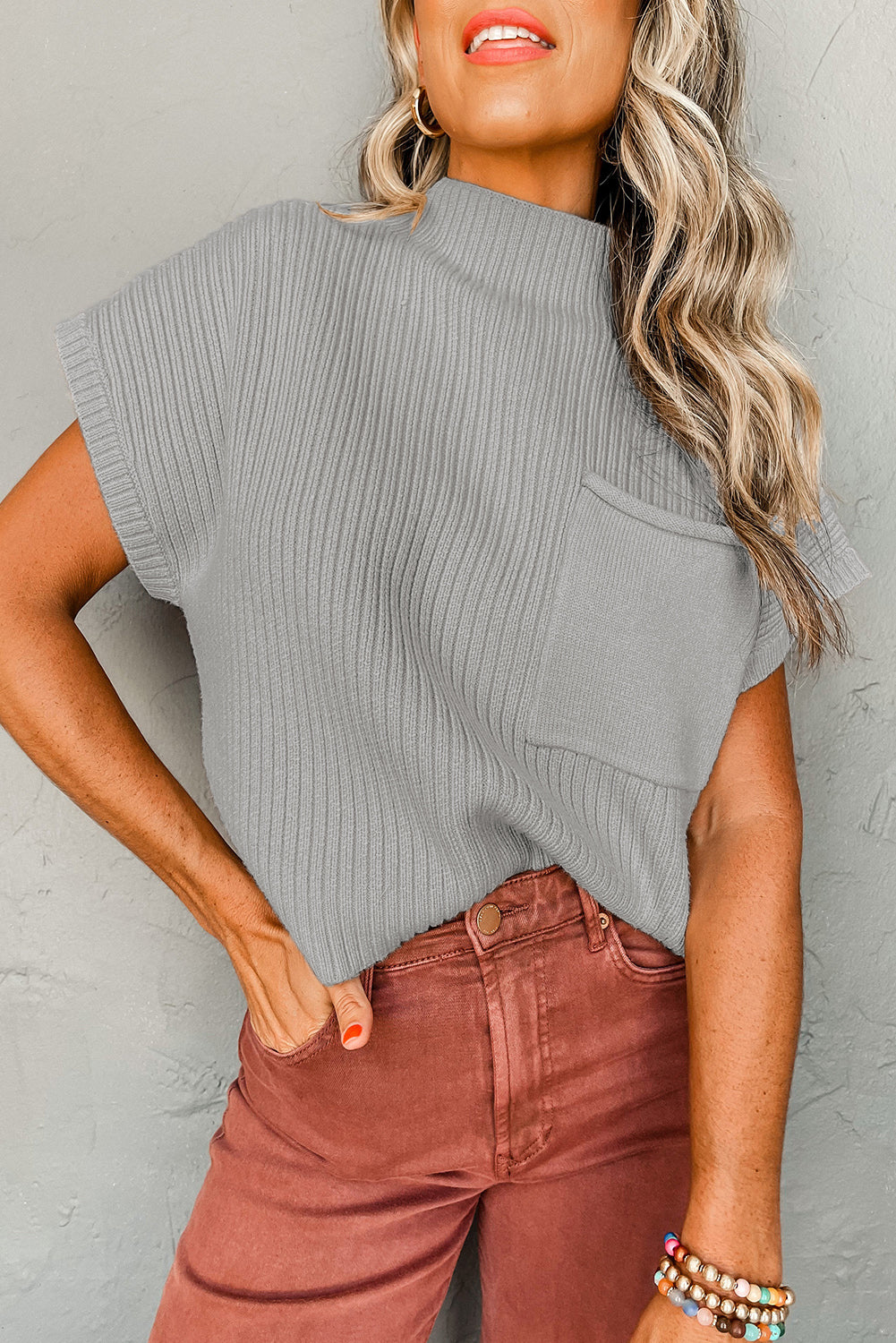 Ribbed Knit Short Sleeve Sweater