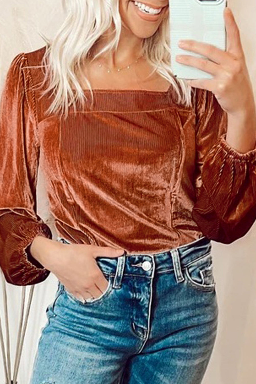 Clay Velvet Textured Puff Sleeve Top