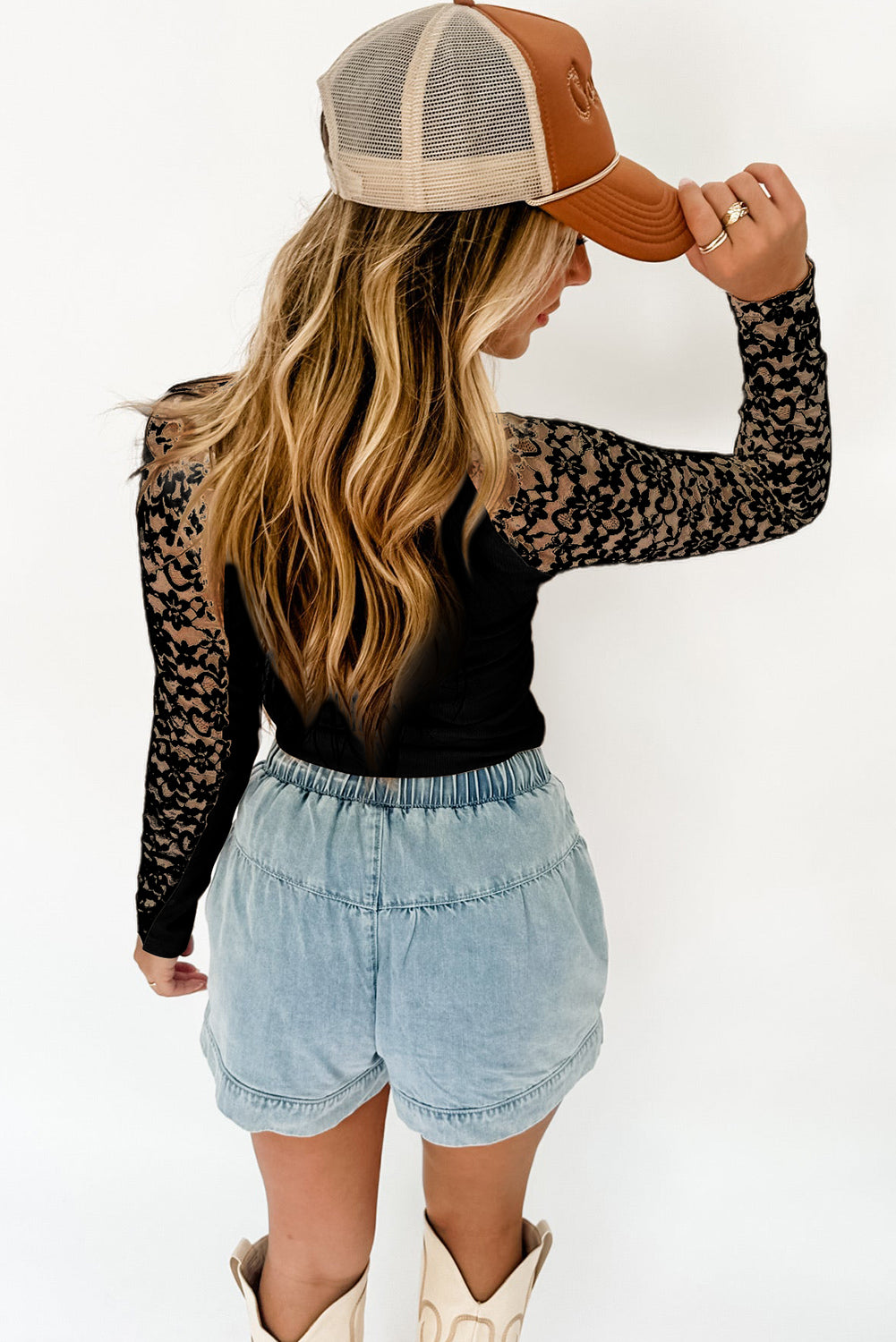 Lace Patchwork Long Sleeve High Neck Slim Top