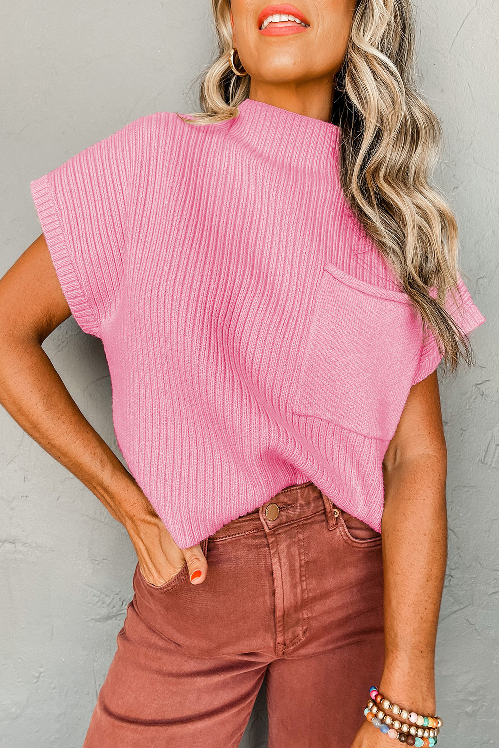 Ribbed Knit Short Sleeve Sweater