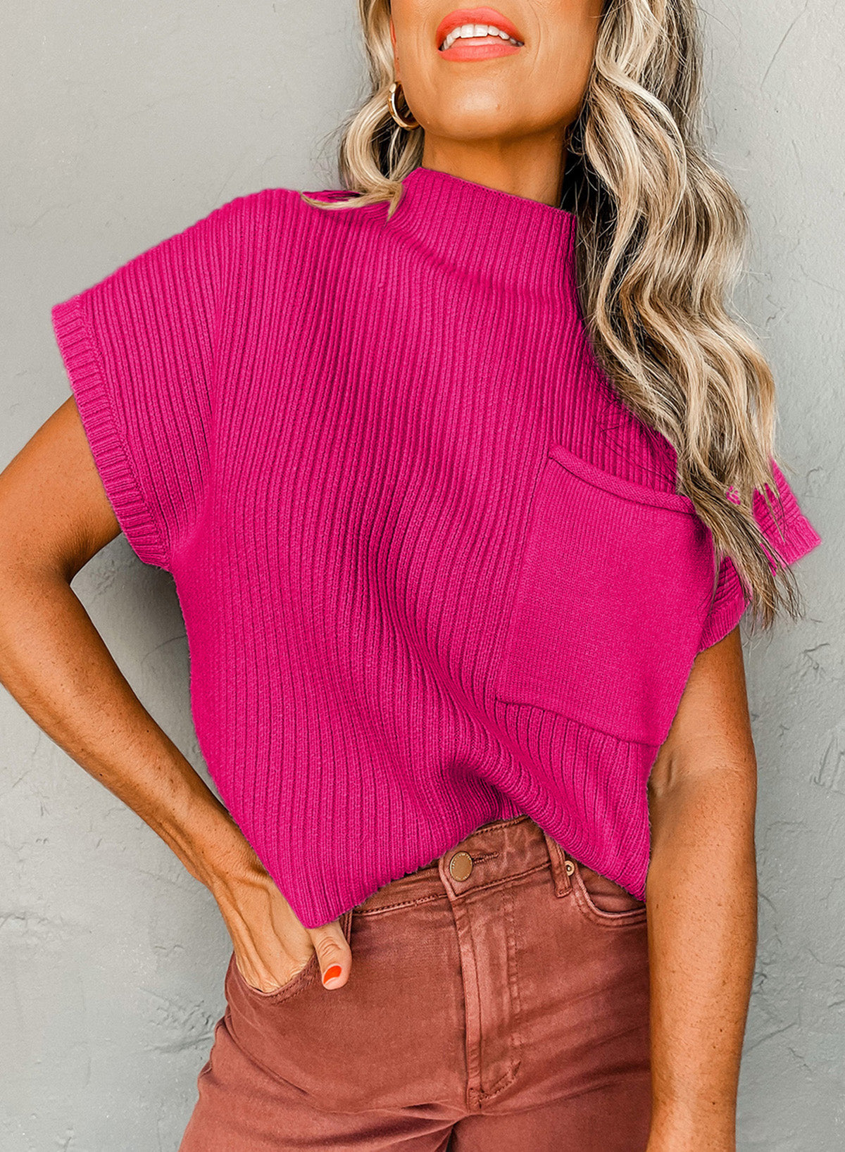 Ribbed Knit Short Sleeve Sweater