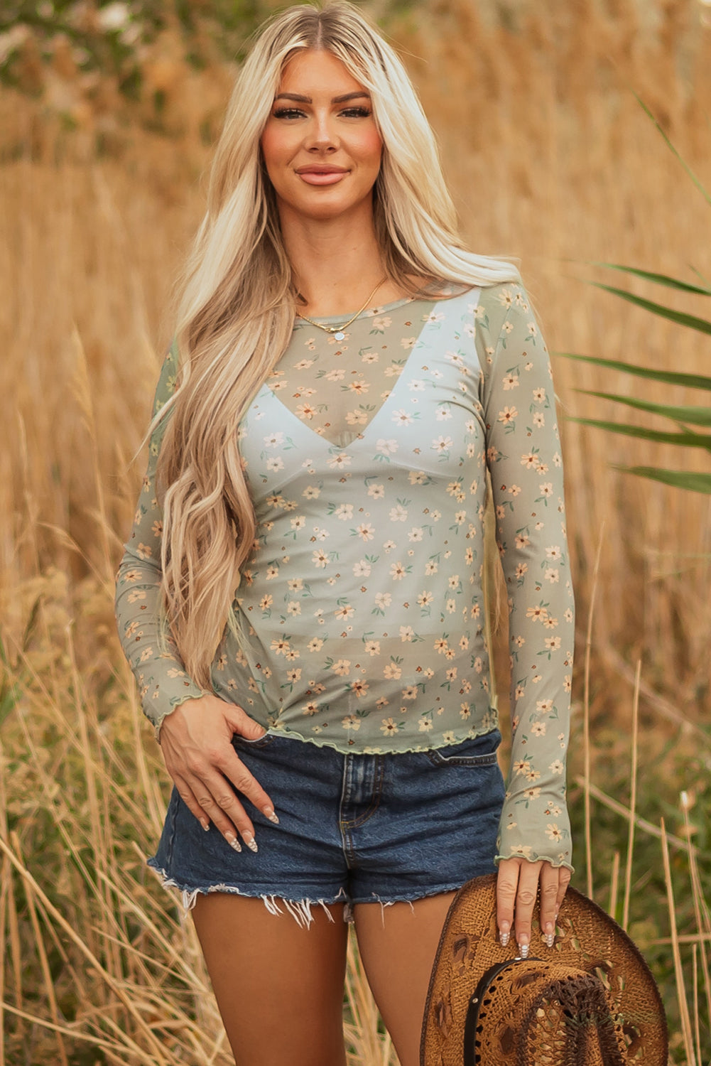 Vintage Floral Mesh Long Sleeve Top