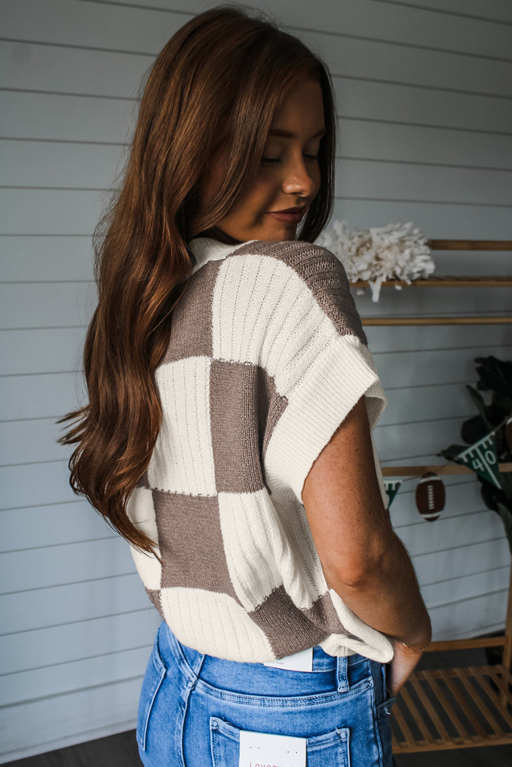 Khaki Checkered Short Sleeve Sweater