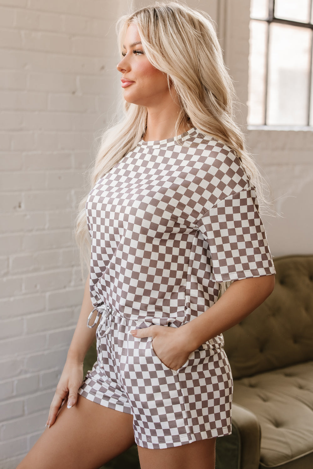 Brown Checkered Top & Short Casual 2pcs Set