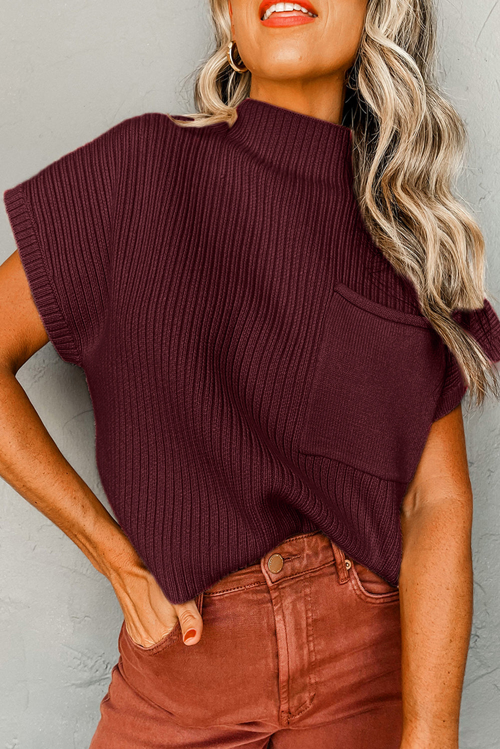Ribbed Knit Short Sleeve Sweater