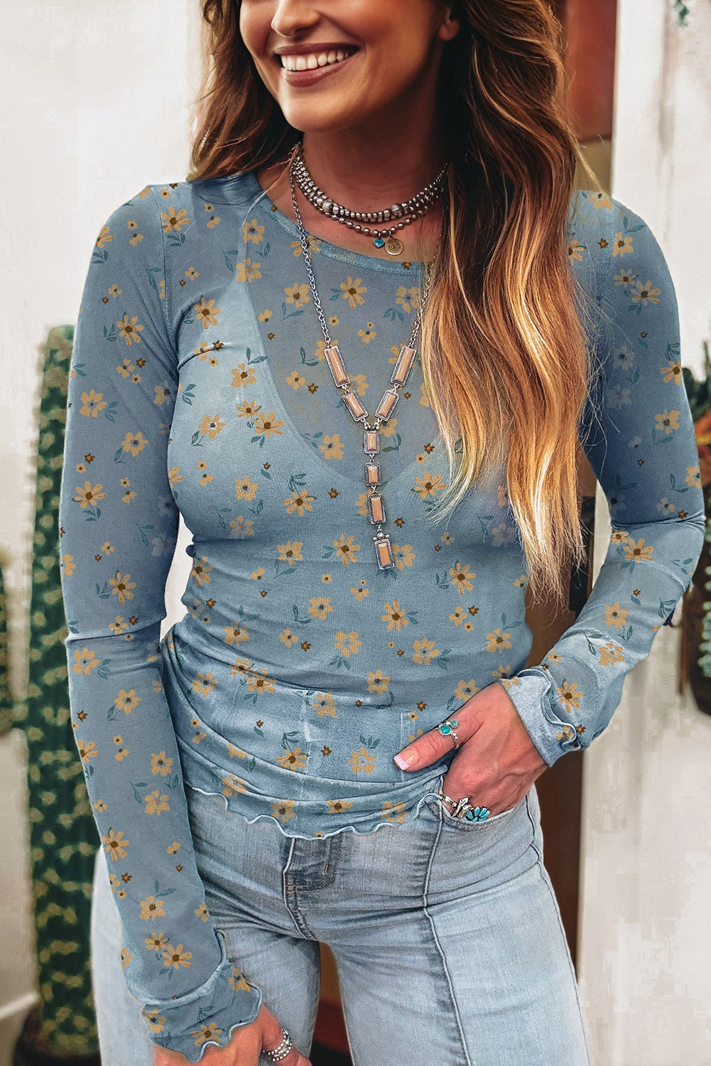 Vintage Floral Mesh Long Sleeve Top