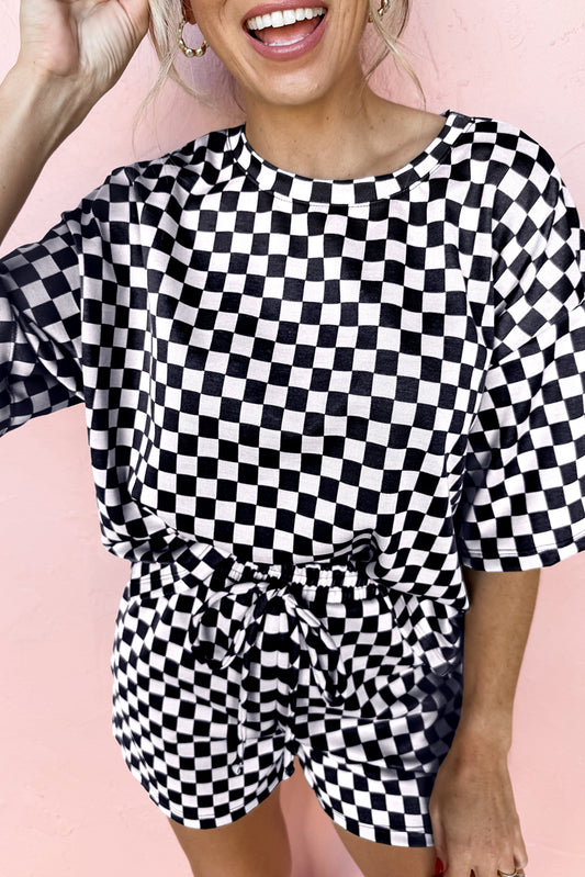 Black Checkered Top & Short Casual 2pcs Set