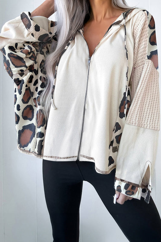 Leopard Zip Up Drop Shoulder Hoodie
