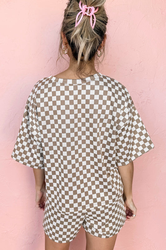 Brown Checkered Top & Short Casual 2pcs Set