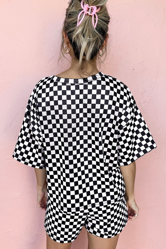 Black Checkered Top & Short Casual 2pcs Set