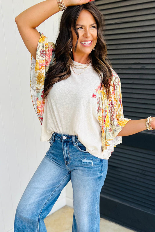 Floral Patchwork Batwing Sleeve Top