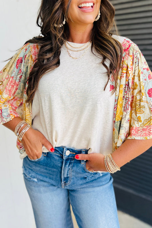 Floral Patchwork Batwing Sleeve Top