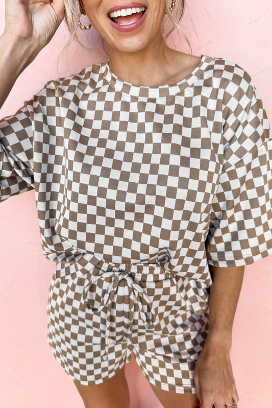 Brown Checkered Top & Short Casual 2pcs Set