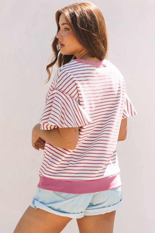 Pink Striped Ruffle Sleeve Top