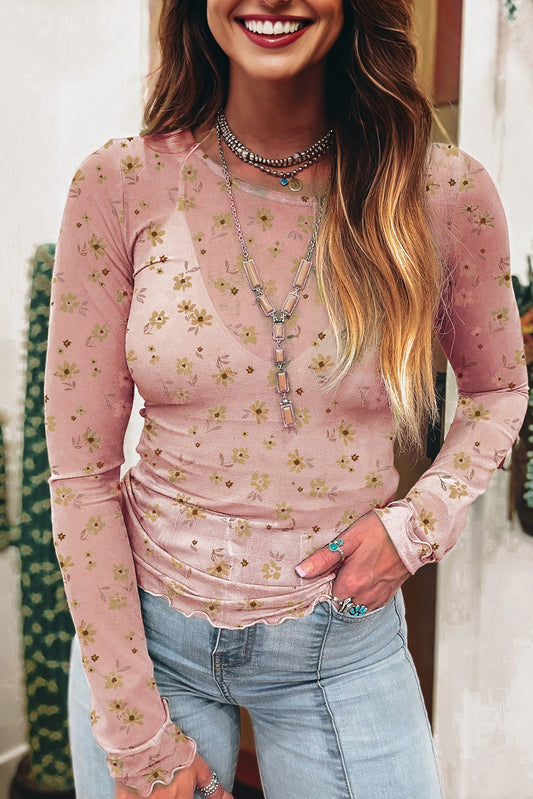 Vintage Floral Mesh Long Sleeve Top