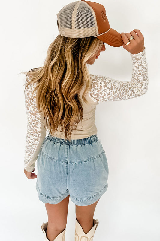 Lace Patchwork Long Sleeve High Neck Slim Top